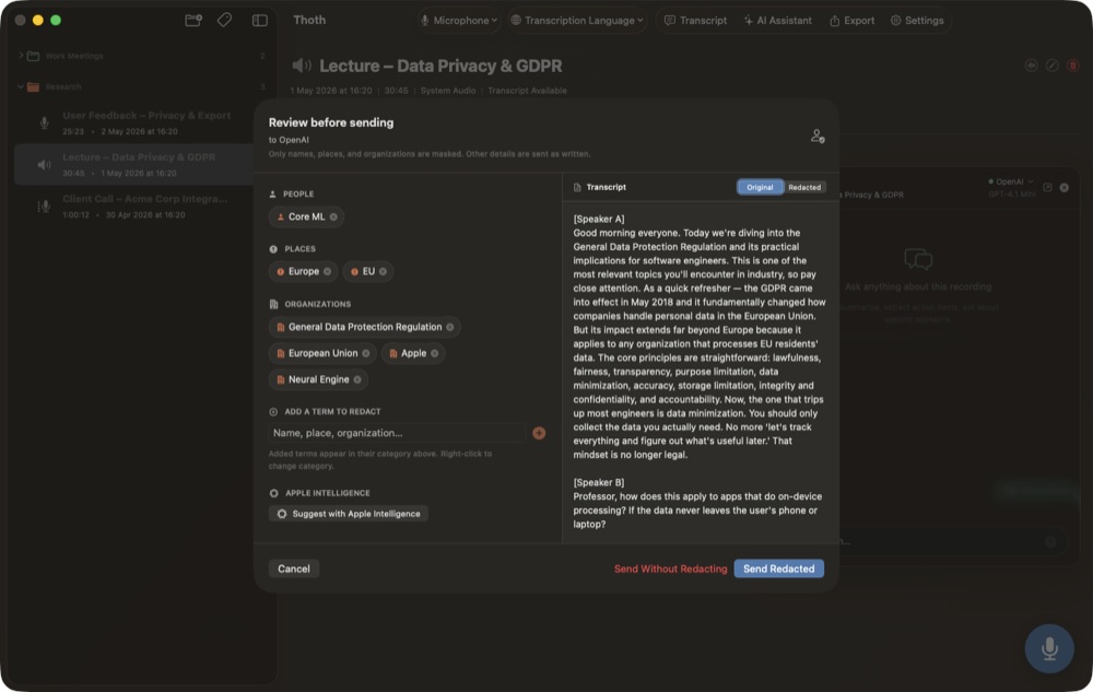 The anonymization review screen in Thoth for Mac, dark mode, showing the transcript with names replaced by tokens