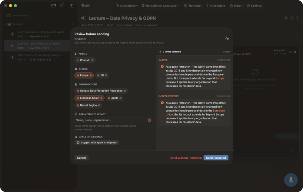 The anonymization review screen in Thoth for Mac, light mode, with detected names grouped by type and matches highlighted in the transcript