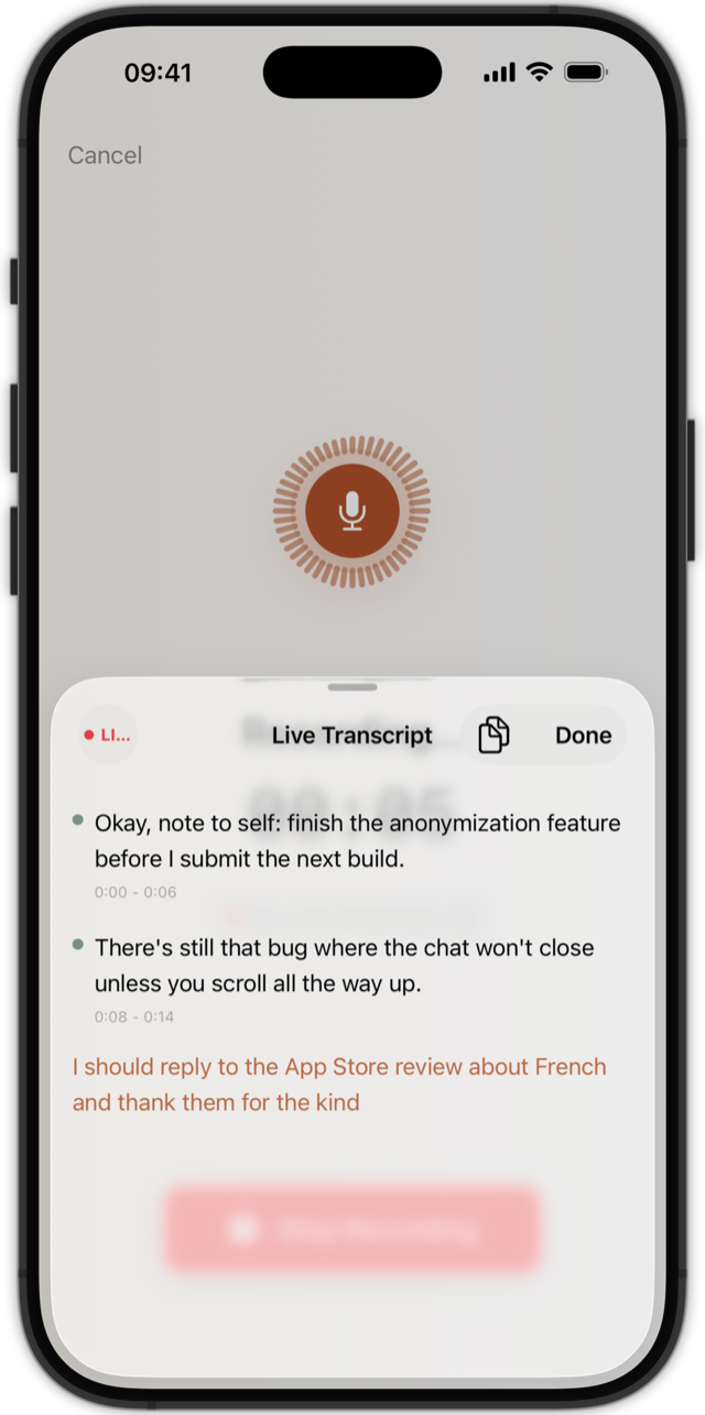 Live transcript streaming on iPhone