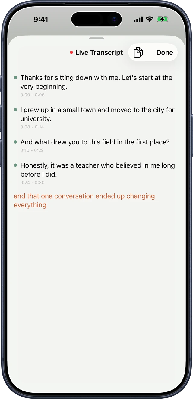 Live transcript streaming on iPhone
