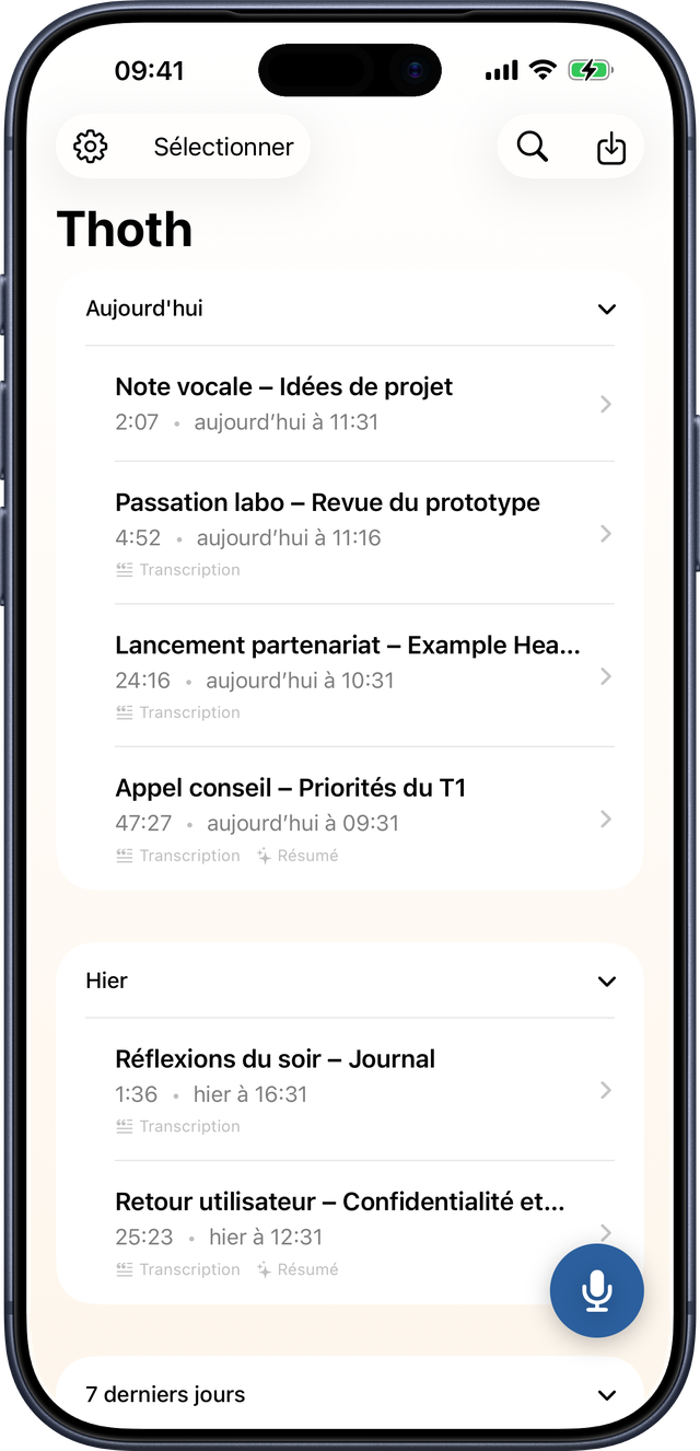 Liste des enregistrements Thoth sur iPhone