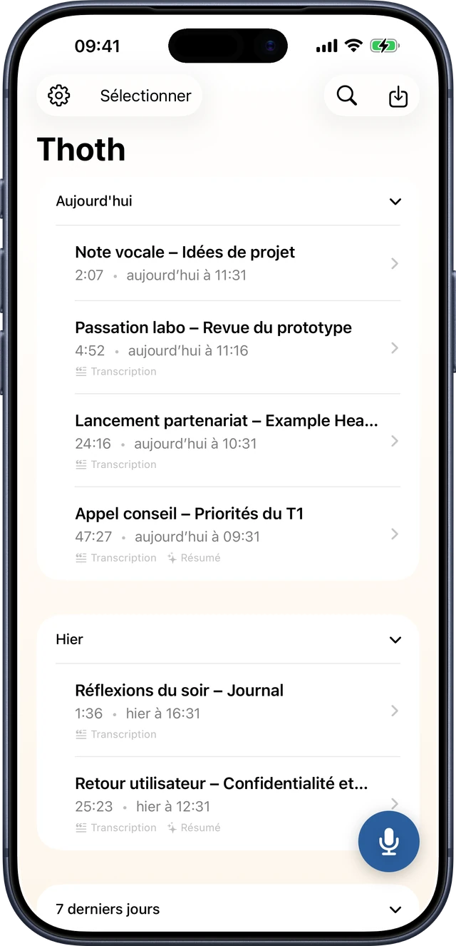 Liste des enregistrements Thoth sur iPhone