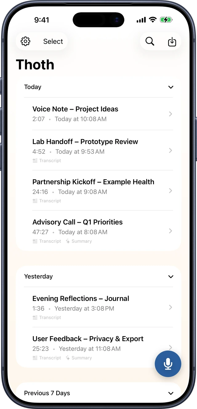 Thoth recordings list on iPhone