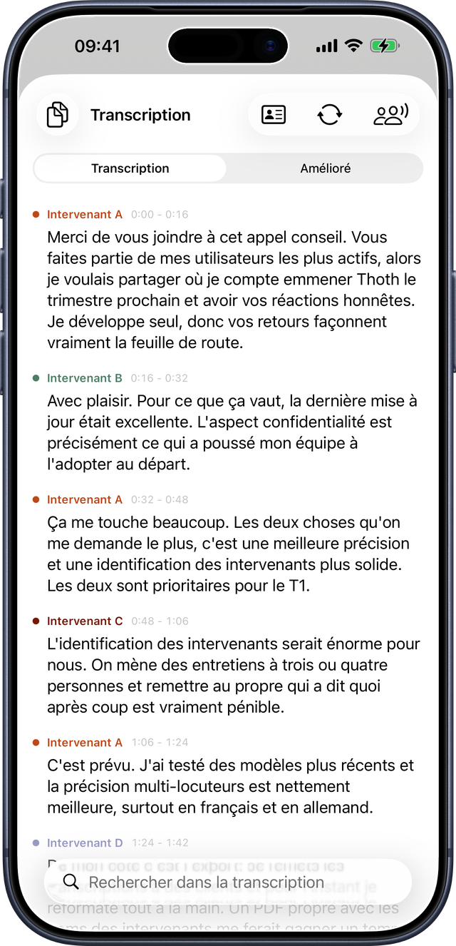 Transcription avec identification des interlocuteurs sur iPhone