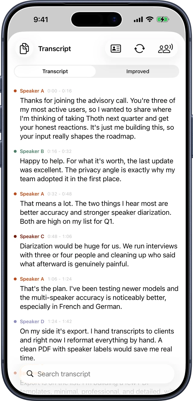 Transcript with speaker diarization on iPhone