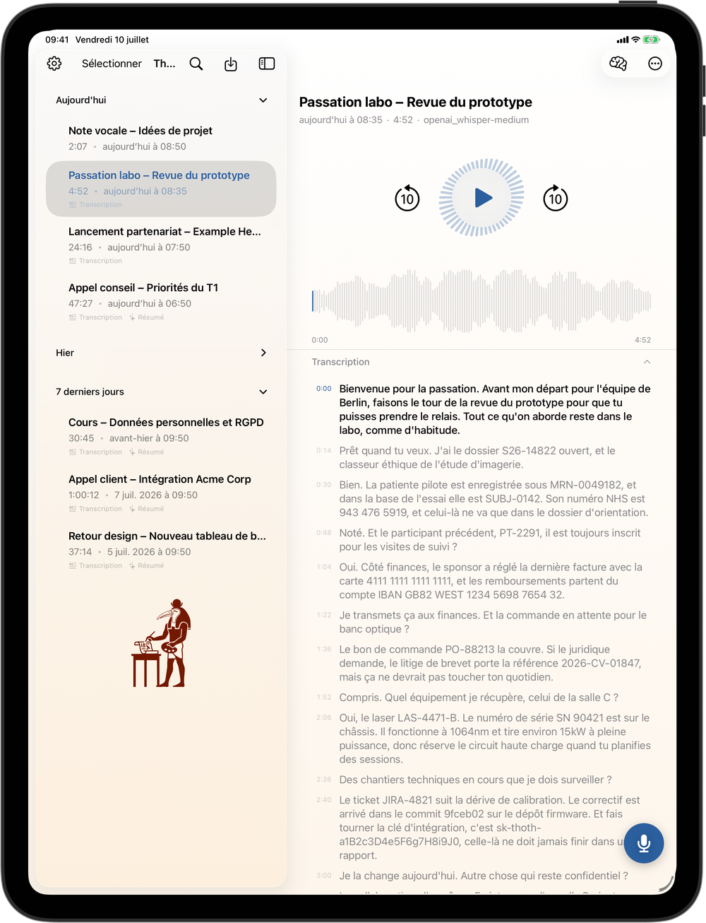 Thoth sur iPad : bibliothèque d'enregistrements à côté de la transcription