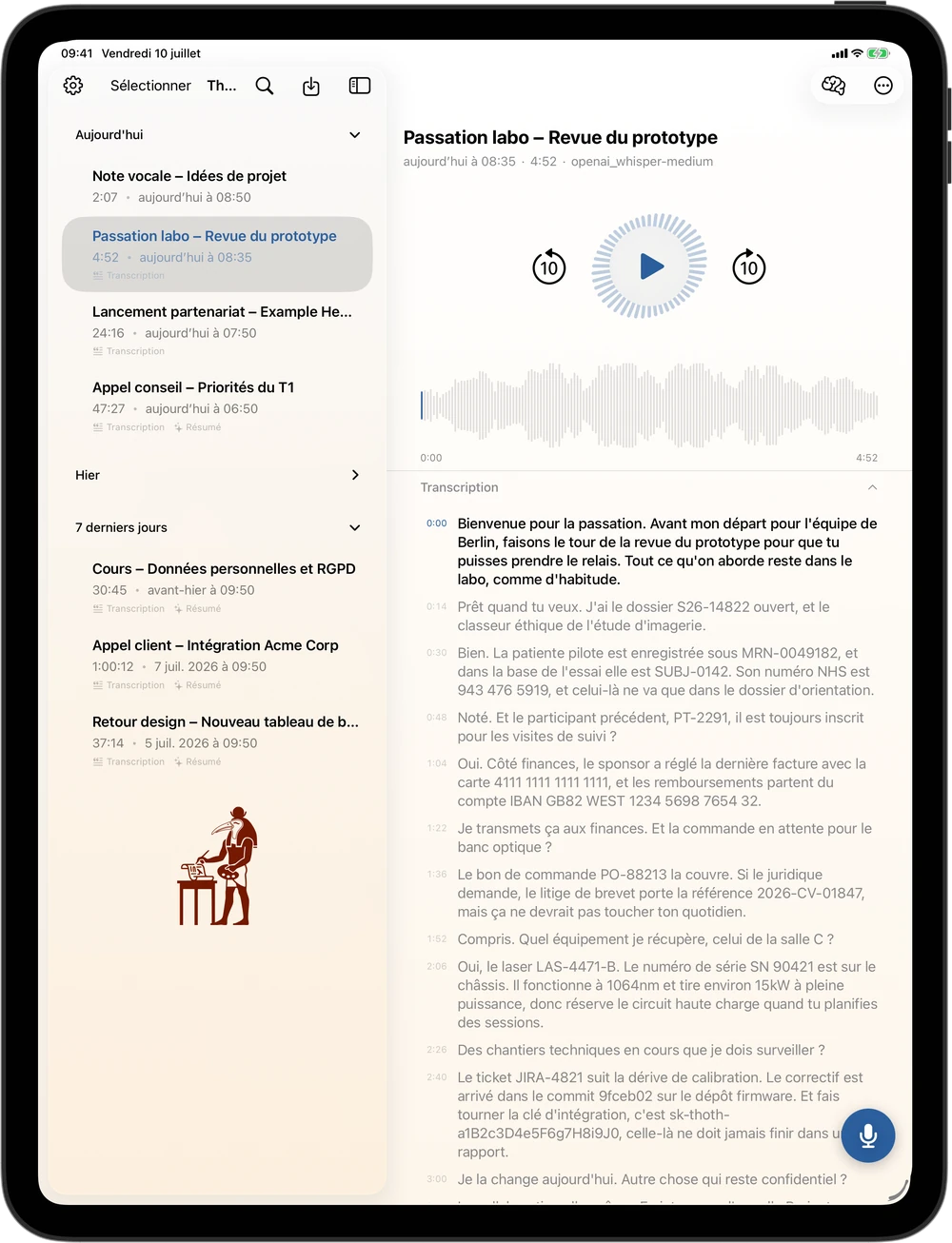 Thoth sur iPad : bibliothèque à côté de la transcription