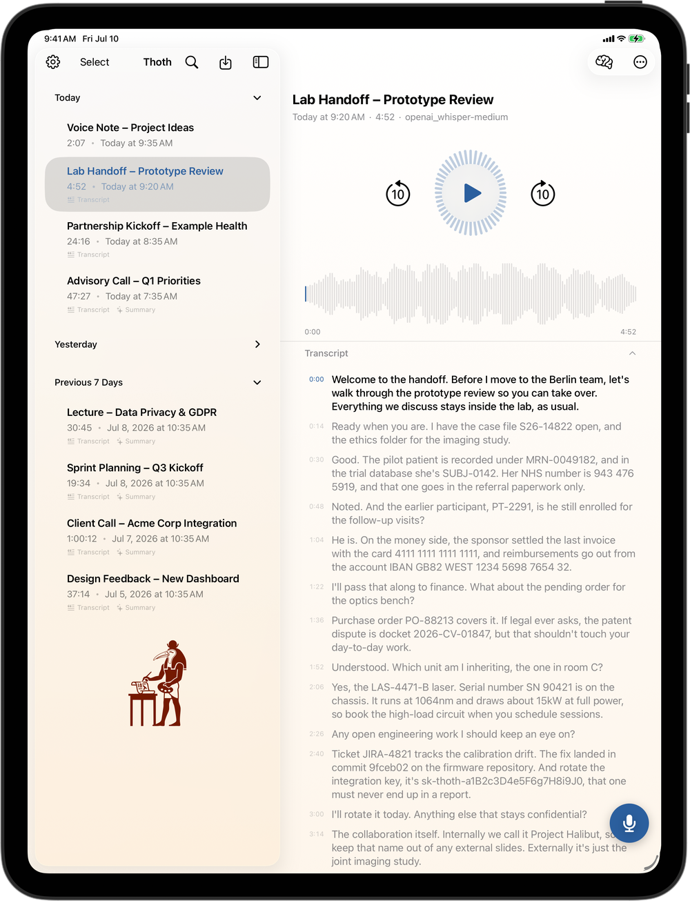 Thoth on iPad: recordings library beside the transcript