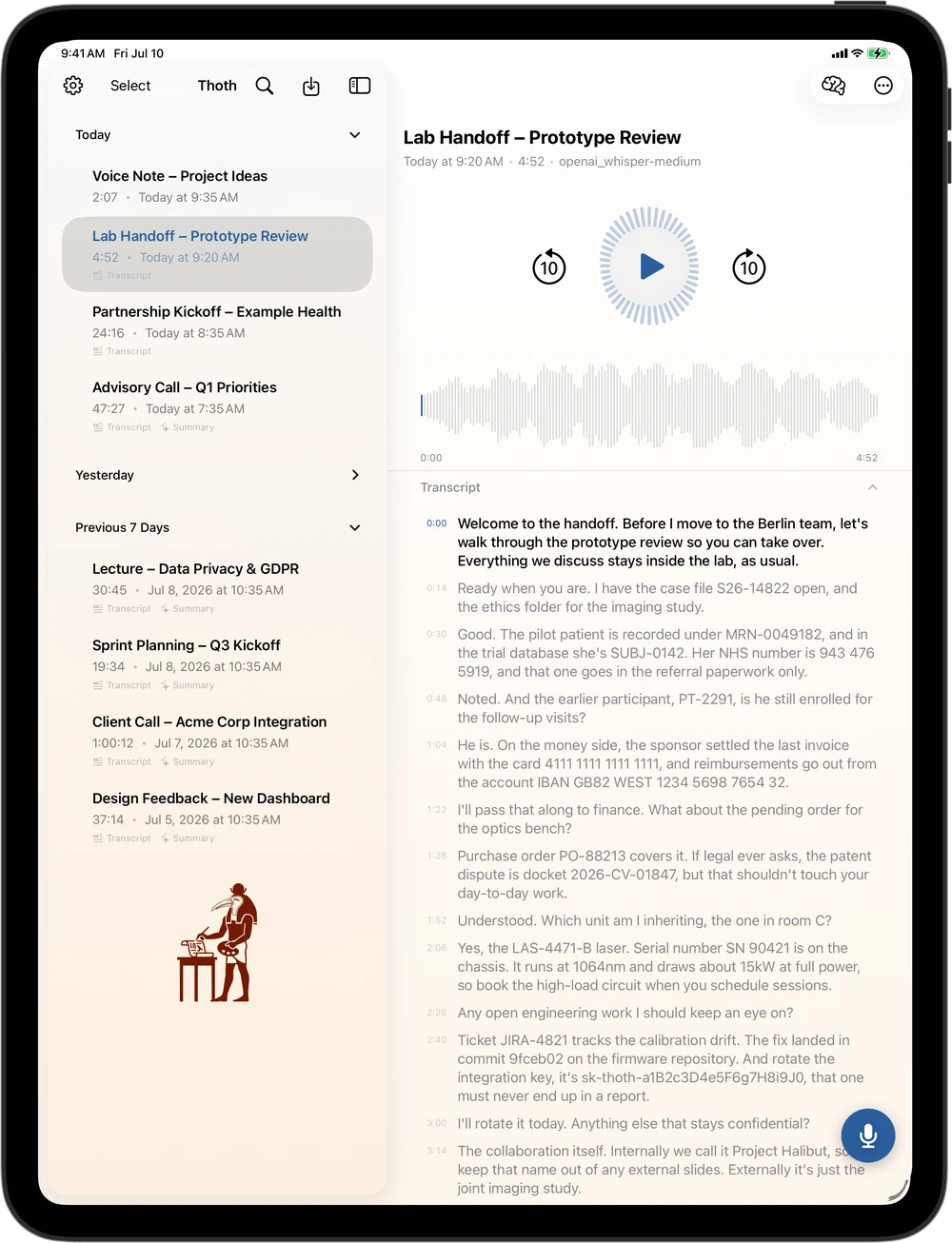 Thoth on iPad: recordings library beside the transcript