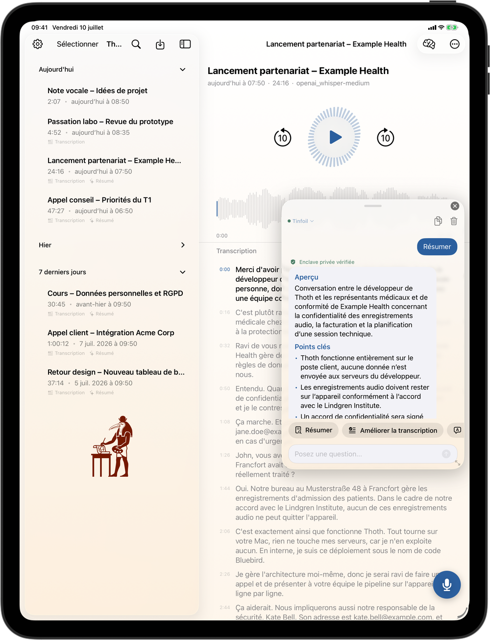 Thoth sur iPad : panneau de résumé IA au-dessus de la transcription