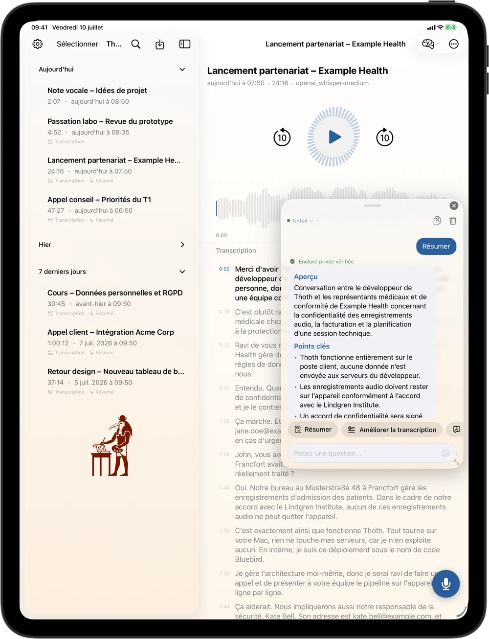 Thoth sur iPad : panneau de résumé IA au-dessus de la transcription