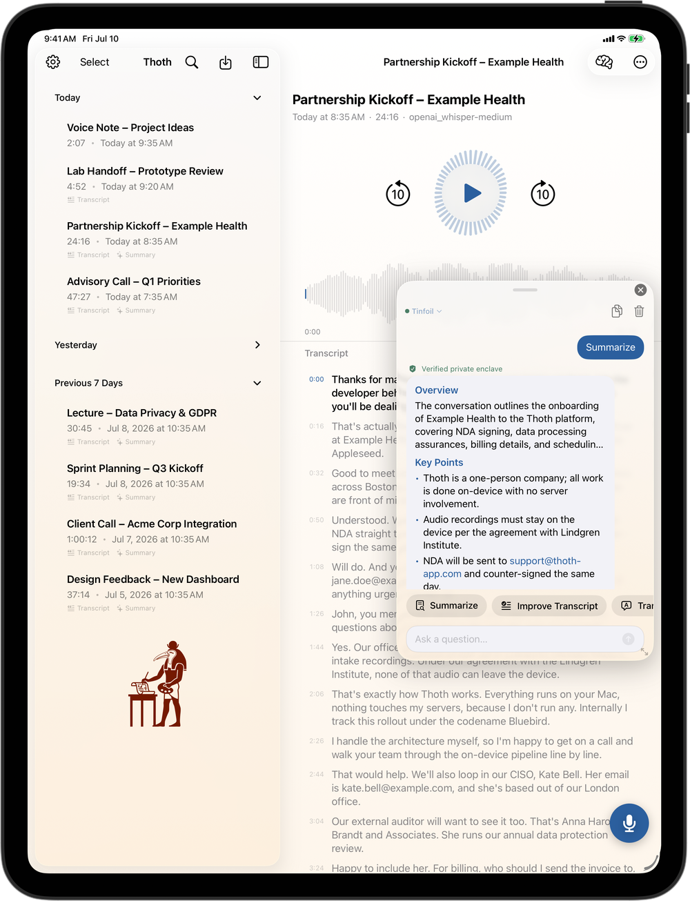 Thoth on iPad: AI summary panel over the transcript